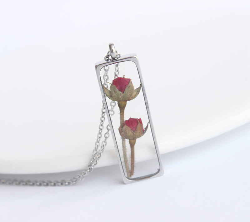 Rectangle Pressed Flower Pendant Necklace, Real Dried Flower Resin Jewellery