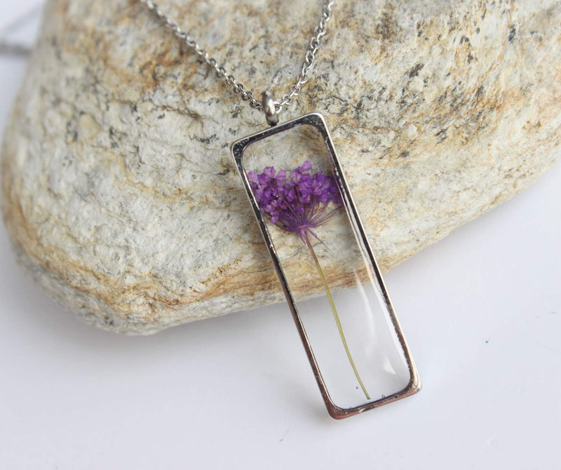 Rectangle Pressed Flower Pendant Necklace, Real Dried Flower Resin Jewellery