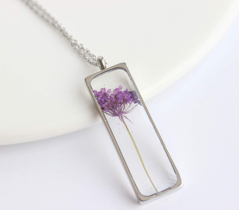 Rectangle Pressed Flower Pendant Necklace, Real Dried Flower Resin Jewellery