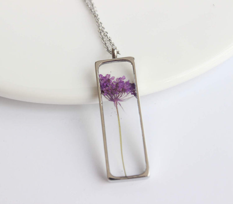 Rectangle Pressed Flower Pendant Necklace, Real Dried Flower Resin Jewellery