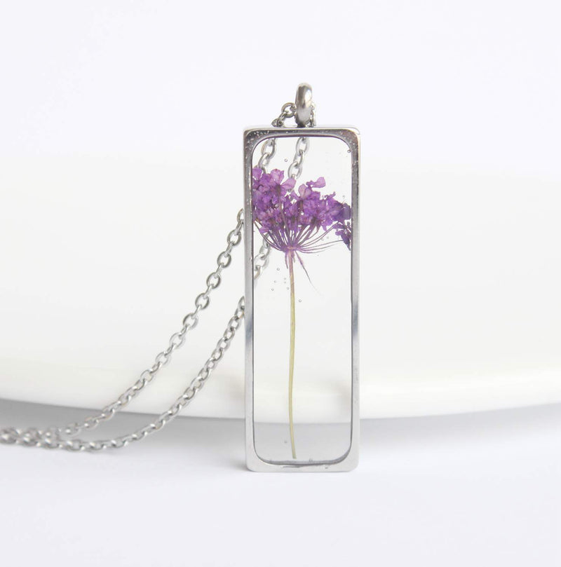 Rectangle Pressed Flower Pendant Necklace, Real Dried Flower Resin Jewellery