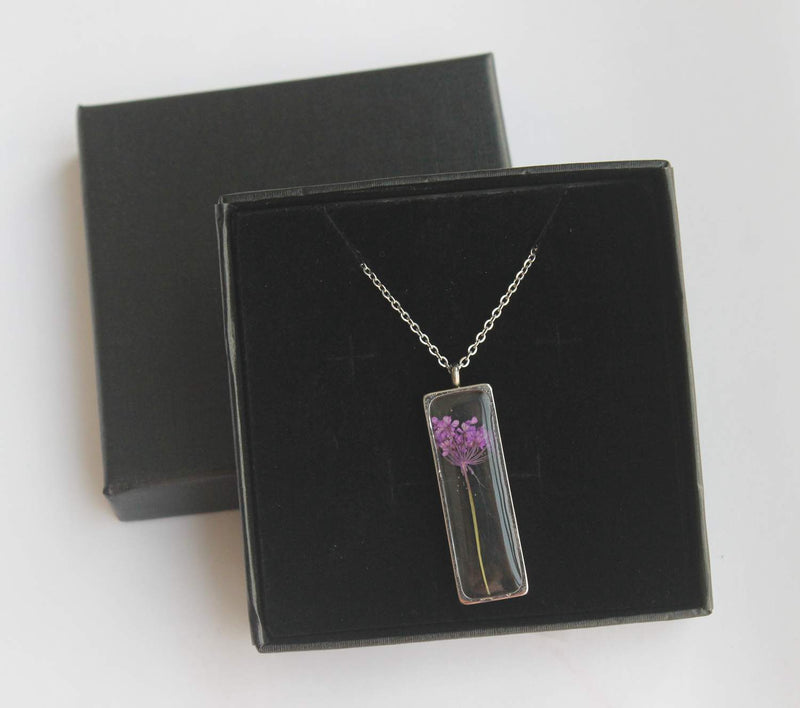 Rectangle Pressed Flower Pendant Necklace, Real Dried Flower Resin Jewellery