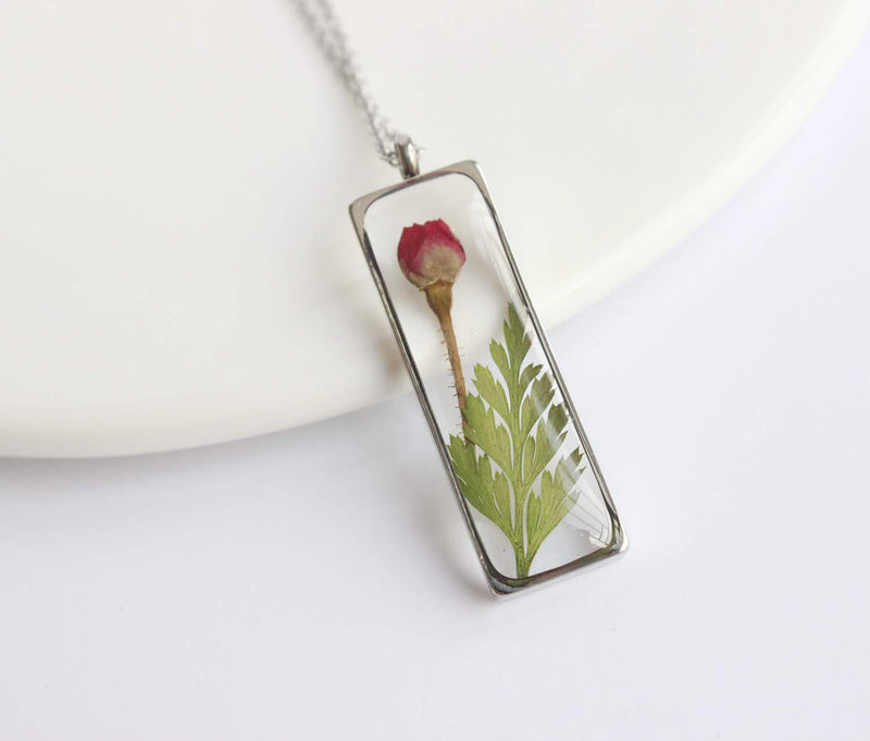 Rectangle Pressed Flower Pendant Necklace, Real Dried Flower Resin Jewellery