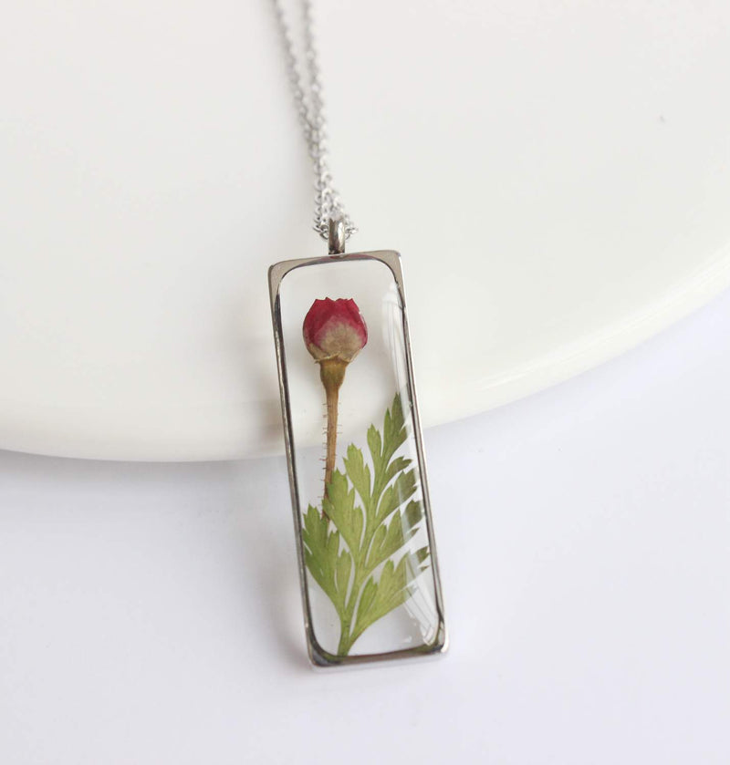 Rectangle Pressed Flower Pendant Necklace, Real Dried Flower Resin Jewellery