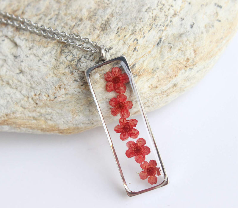 Rectangle Pressed Flower Pendant Necklace, Real Dried Flower Resin Jewellery