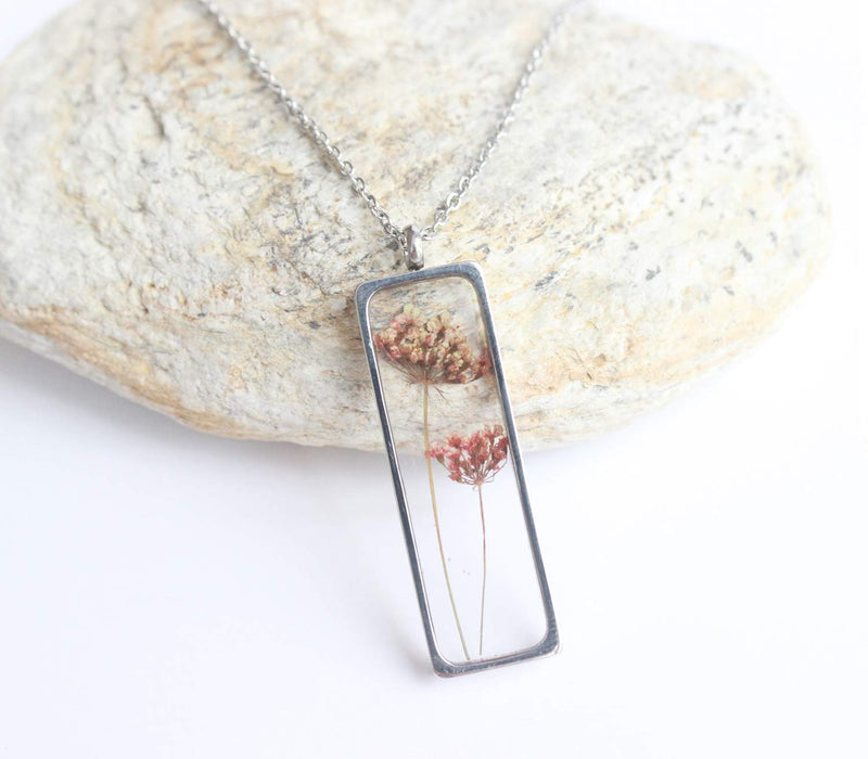 Rectangle Pressed Flower Pendant Necklace, Real Dried Flower Resin Jewellery