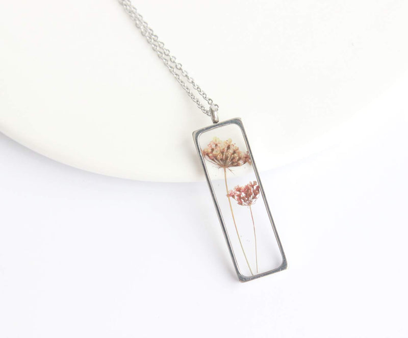 Rectangle Pressed Flower Pendant Necklace, Real Dried Flower Resin Jewellery