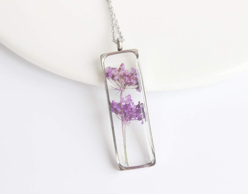 Rectangle Pressed Flower Pendant Necklace, Real Dried Flower Resin Jewellery