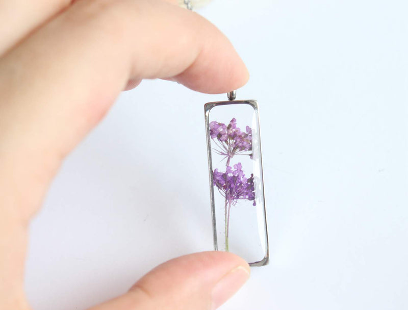 Rectangle Pressed Flower Pendant Necklace, Real Dried Flower Resin Jewellery