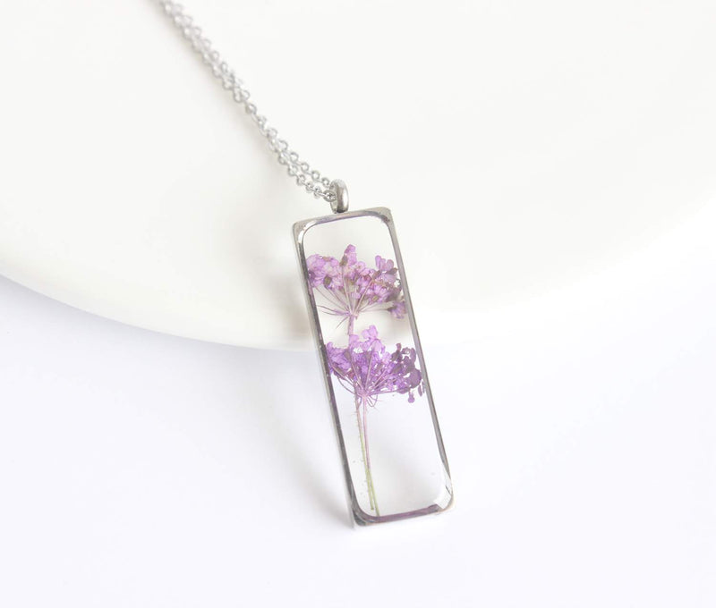 Rectangle Pressed Flower Pendant Necklace, Real Dried Flower Resin Jewellery