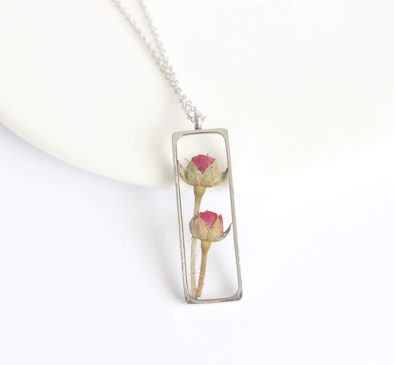 Rectangle Pressed Flower Pendant Necklace, Real Dried Flower Resin Jewellery