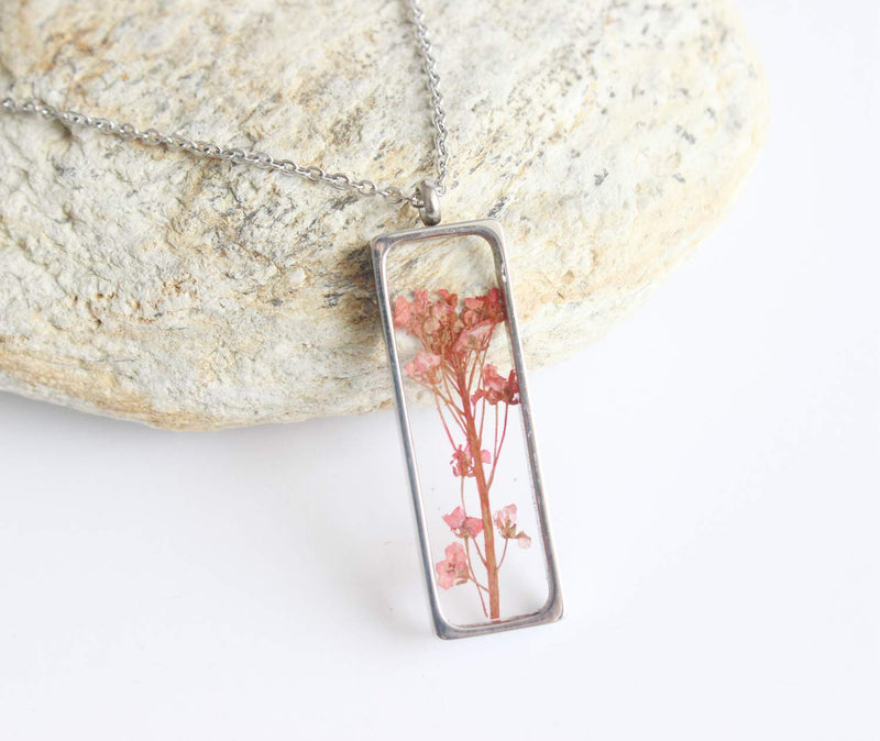 Rectangle Pressed Flower Pendant Necklace, Real Dried Flower Resin Jewellery