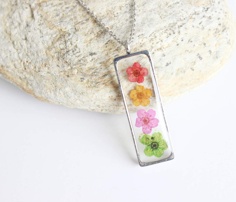 Rectangle Pressed Flower Pendant Necklace, Real Dried Flower Resin Jewellery