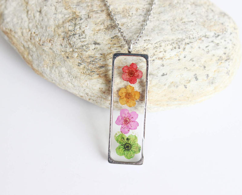 Rectangle Pressed Flower Pendant Necklace, Real Dried Flower Resin Jewellery