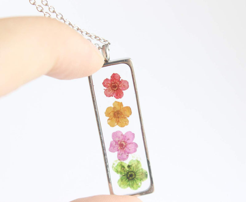 Rectangle Pressed Flower Pendant Necklace, Real Dried Flower Resin Jewellery