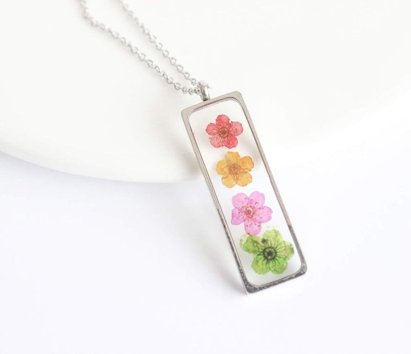 Rectangle Pressed Flower Pendant Necklace, Real Dried Flower Resin Jewellery