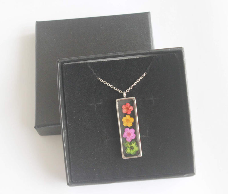 Rectangle Pressed Flower Pendant Necklace, Real Dried Flower Resin Jewellery