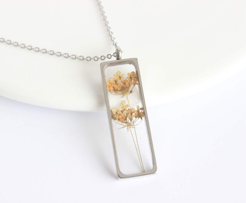 Rectangle Pressed Flower Pendant Necklace, Real Dried Flower Resin Jewellery