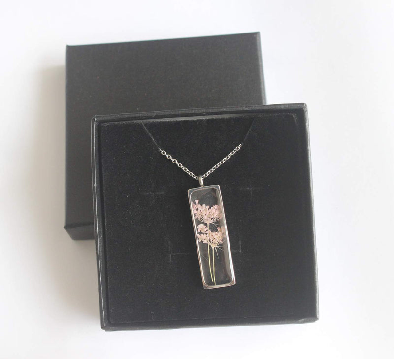 Rectangle Pressed Flower Pendant Necklace, Real Dried Flower Resin Jewellery