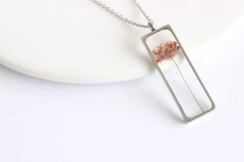 Rectangle Pressed Flower Pendant Necklace, Real Dried Flower Resin Jewellery