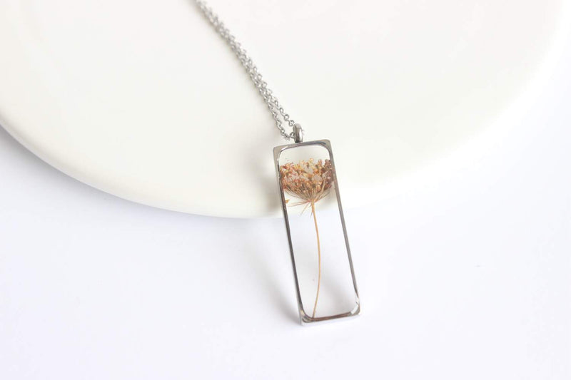 Rectangle Pressed Flower Pendant Necklace, Real Dried Flower Resin Jewellery