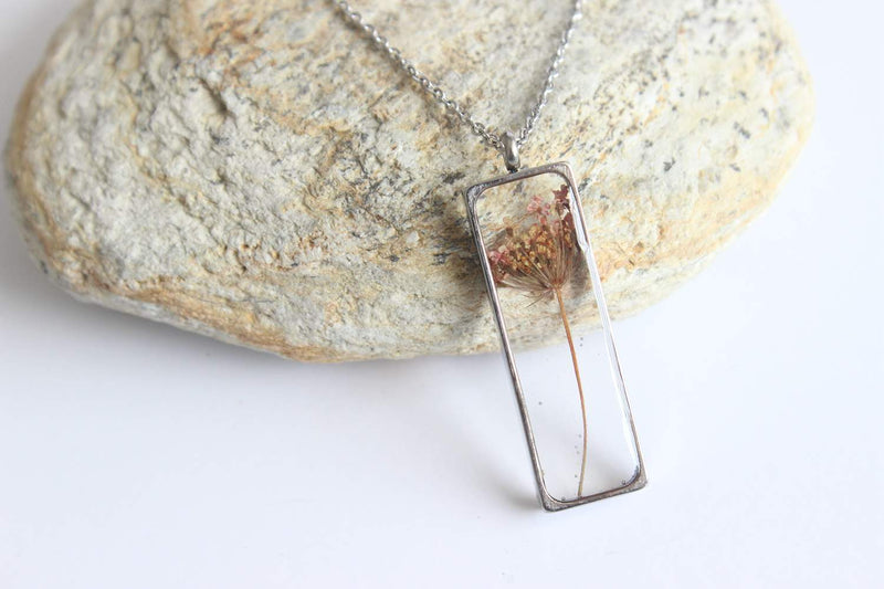 Rectangle Pressed Flower Pendant Necklace, Real Dried Flower Resin Jewellery