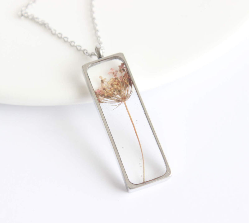 Rectangle Pressed Flower Pendant Necklace, Real Dried Flower Resin Jewellery