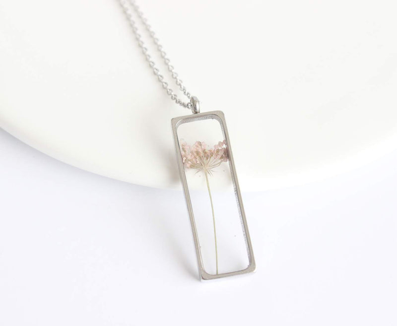 Rectangle Pressed Flower Pendant Necklace, Real Dried Flower Resin Jewellery