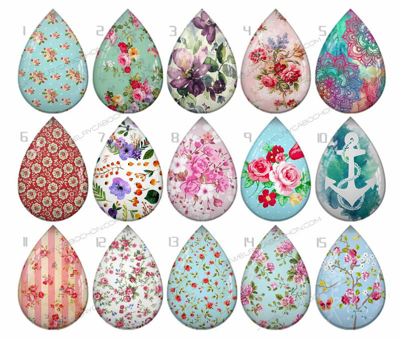 Handmade Teardrop Photo Glass Cabochons pattern flower 803 B