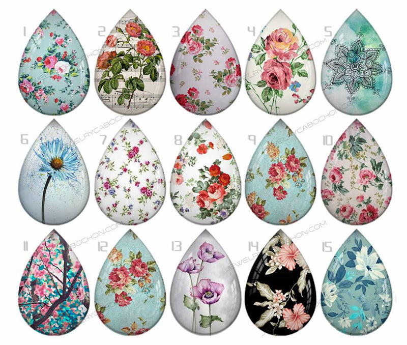 Handmade Teardrop Photo Glass Cabochons pattern flower 805 B