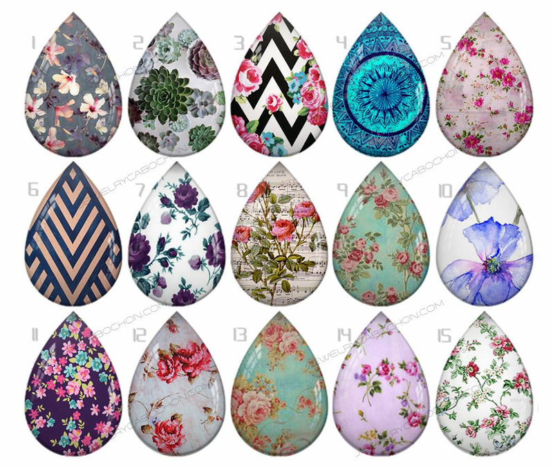 Handmade Teardrop Photo Glass Cabochons pattern flower 807 B