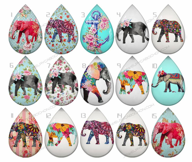 Handmade Teardrop Photo Glass Cabochons Elephant flower 814 B