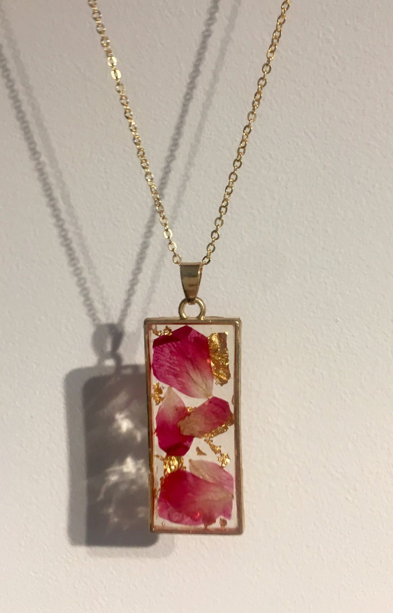 1pcs Handmade Square gold leaf rose pressed flower pendant necklace