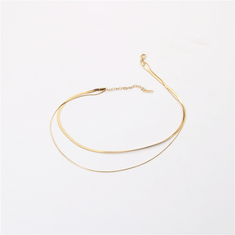 Double layered necklace, Ken bean of the same style, golden wide flat necklace stainless steel vacuum electroplating chain all-match non-fading