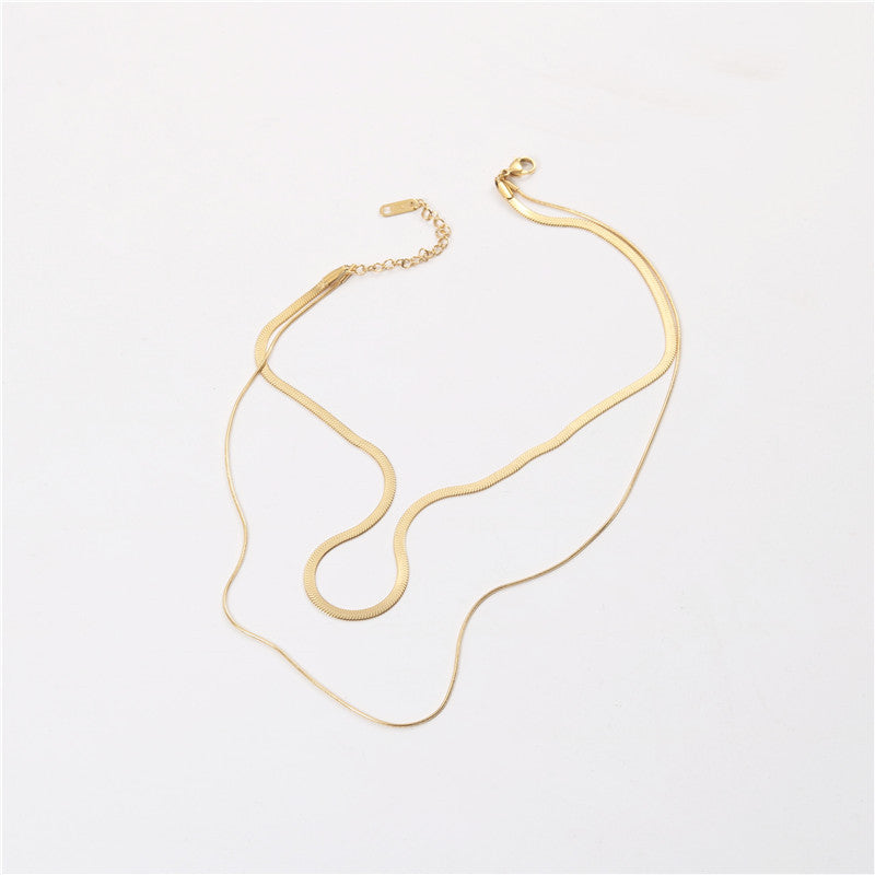 Double layered necklace, Ken bean of the same style, golden wide flat necklace stainless steel vacuum electroplating chain all-match non-fading