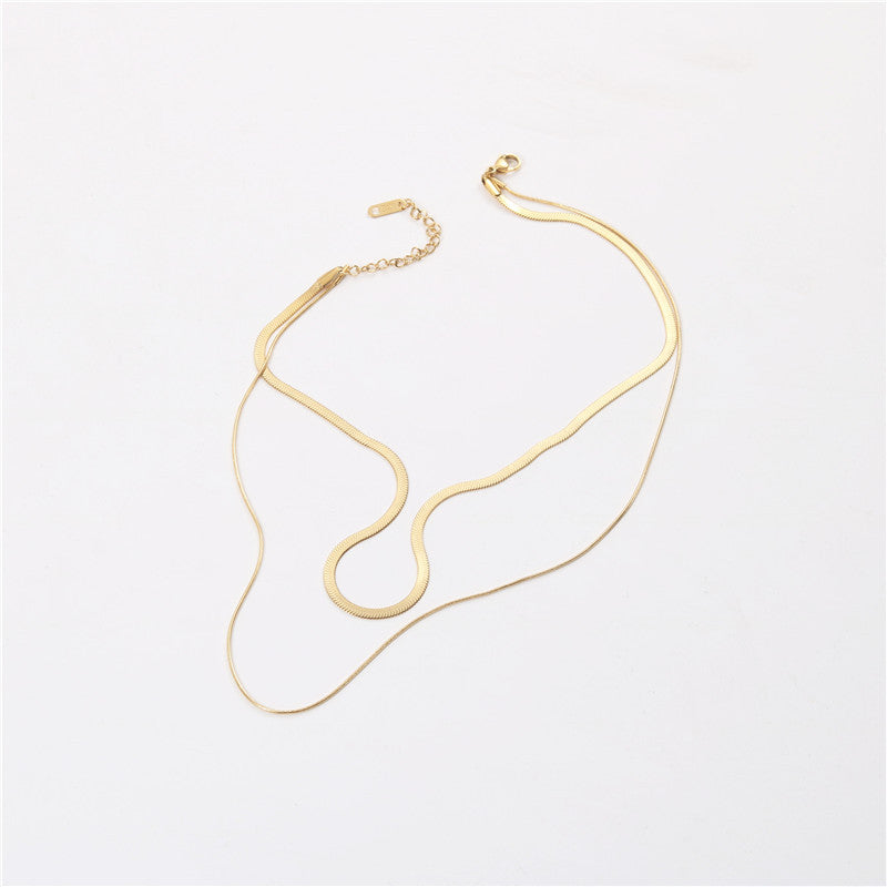 Double layered necklace, Ken bean of the same style, golden wide flat necklace stainless steel vacuum electroplating chain all-match non-fading