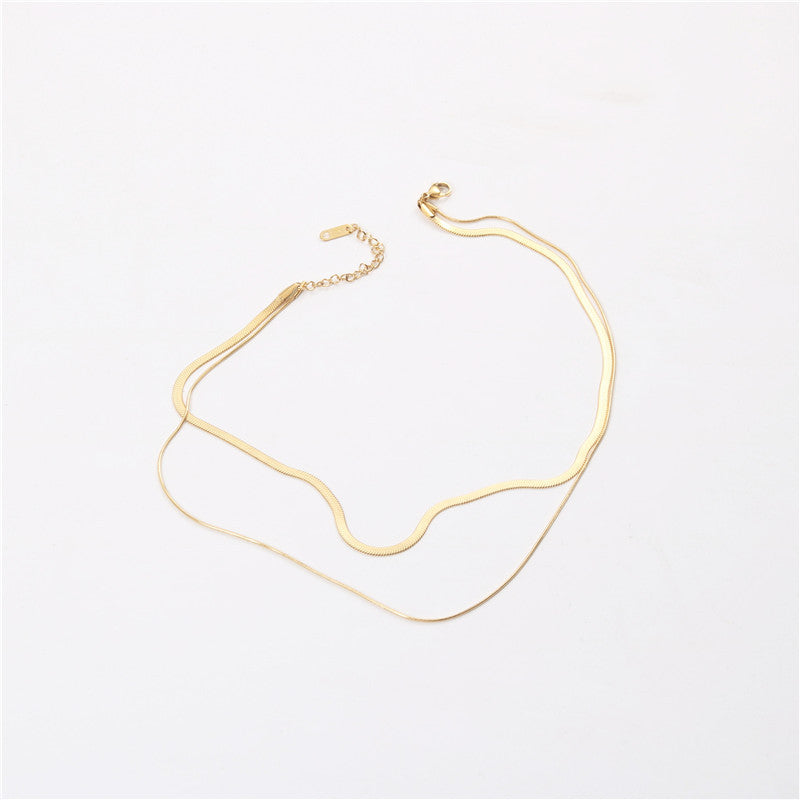 Double layered necklace, Ken bean of the same style, golden wide flat necklace stainless steel vacuum electroplating chain all-match non-fading