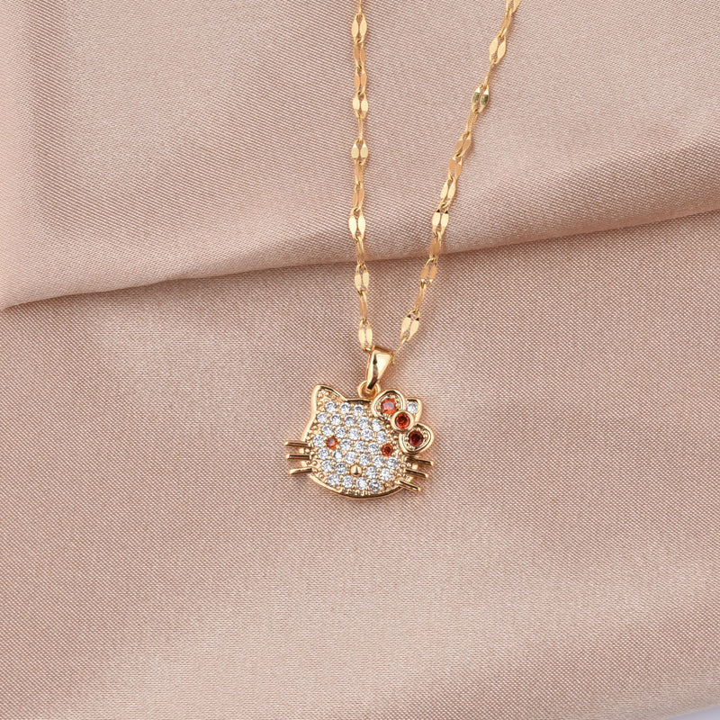 Diamond Cat Pendant Necklace, stainless steel vacuum electroplating chain all-match non-fading