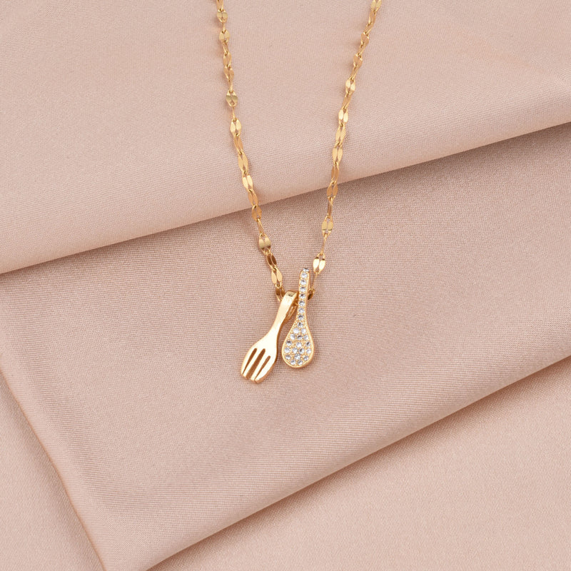 Diamond Spoon fork Pendant Necklace, stainless steel vacuum electroplating chain all-match non-fading