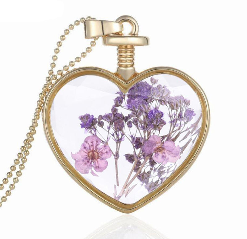 1pcs Pressed Flower Pendant Necklace - Heart-shaped gold frame