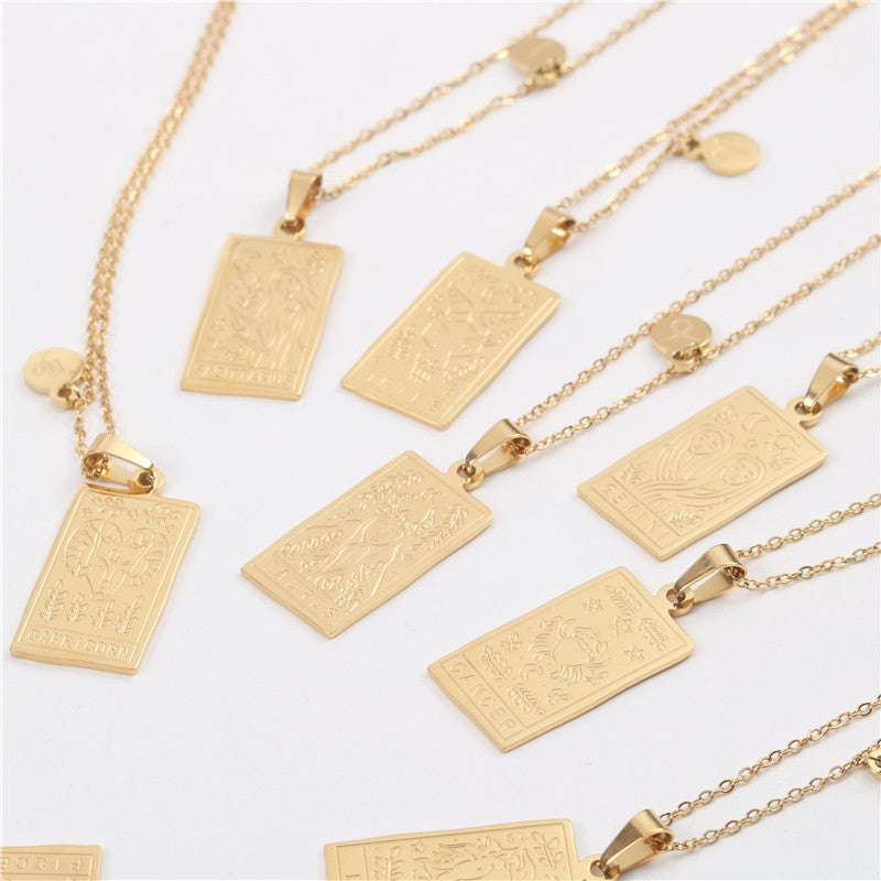 12 constellation necklace, 18k gold, not sensitive, square tag, tarot card stainless steel vacuum electroplating chain all-match non-fading