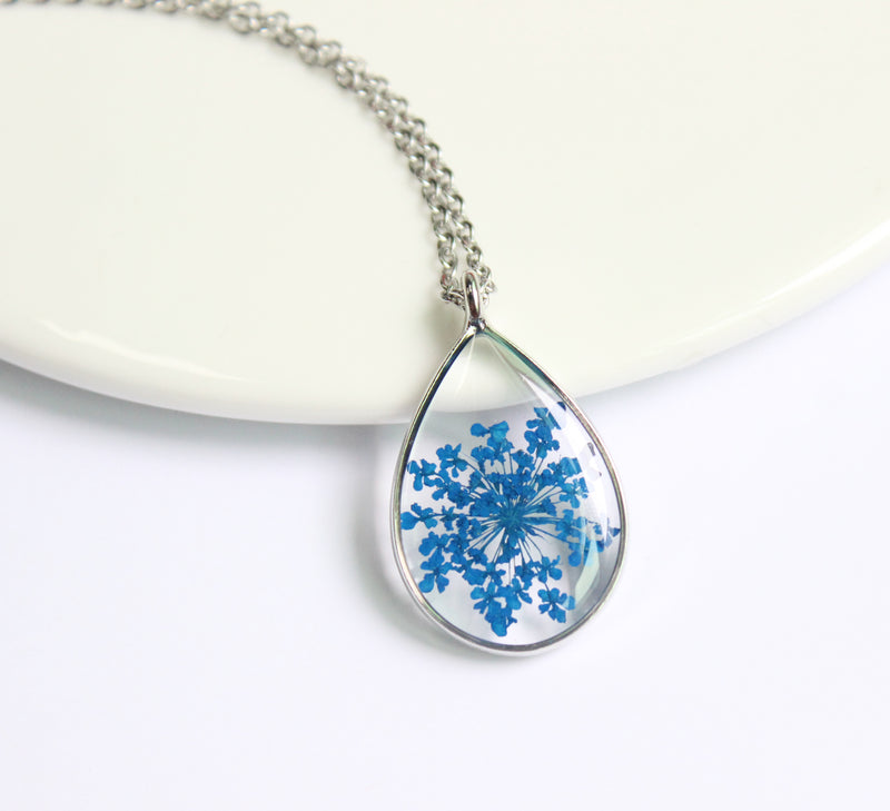 1pcs Handmade Teardrop real Blue flower pressed flower pendant jewelry