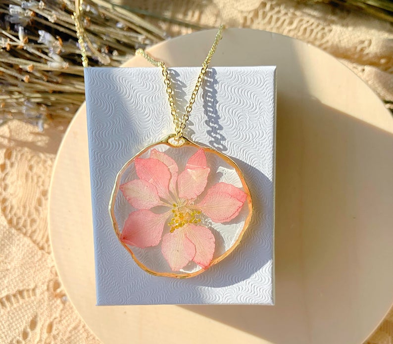 Real pressed flower pendant necklace