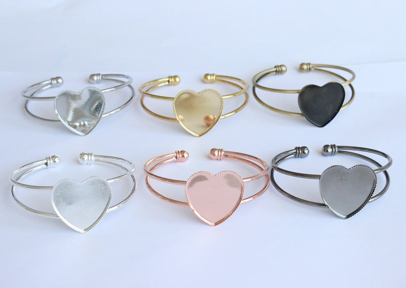 3pcs heart brass bracelet blanks 25mm Bracelet Settings, Bezel Bangle Bracelet Bases