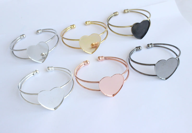 3pcs heart brass bracelet blanks 25mm Bracelet Settings, Bezel Bangle Bracelet Bases