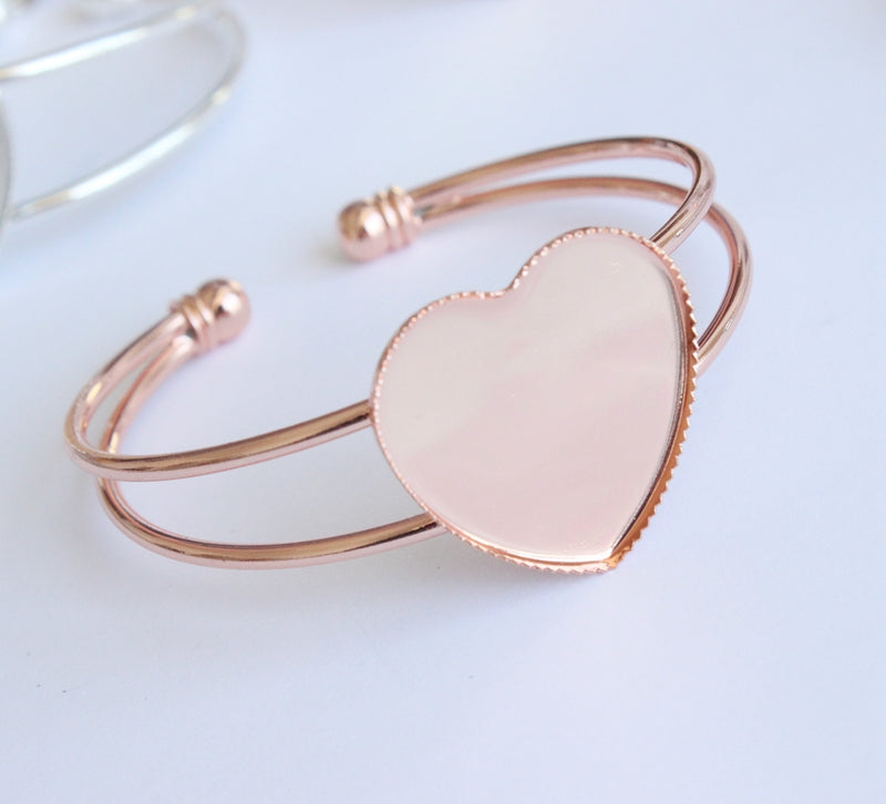 3pcs heart brass bracelet blanks 25mm Bracelet Settings, Bezel Bangle Bracelet Bases