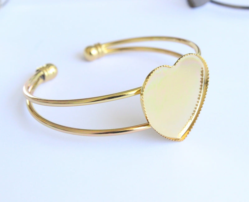 3pcs heart brass bracelet blanks 25mm Bracelet Settings, Bezel Bangle Bracelet Bases