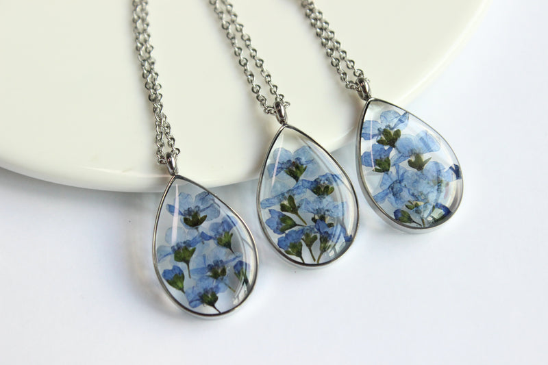 1pcs Handmade Do not forget me Teardrop pressed flower pendant jewelry