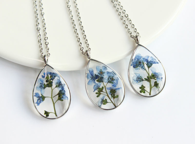 1pcs Handmade Do not forget me Teardrop pressed flower pendant jewelry