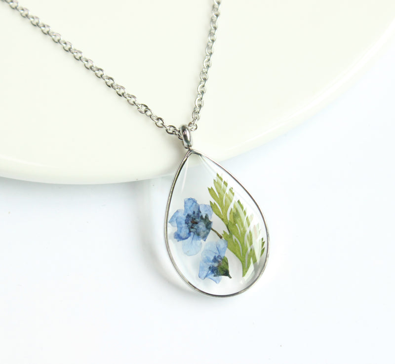 1pcs Handmade Teardrop Do not forget me pressed flower pendant jewelry